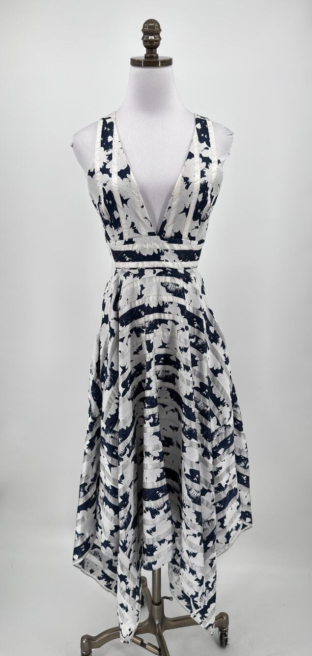 Alexis Navy Blue White Abstract Stripe V Neck Asymmetric Cutout Midi Dress Sz M